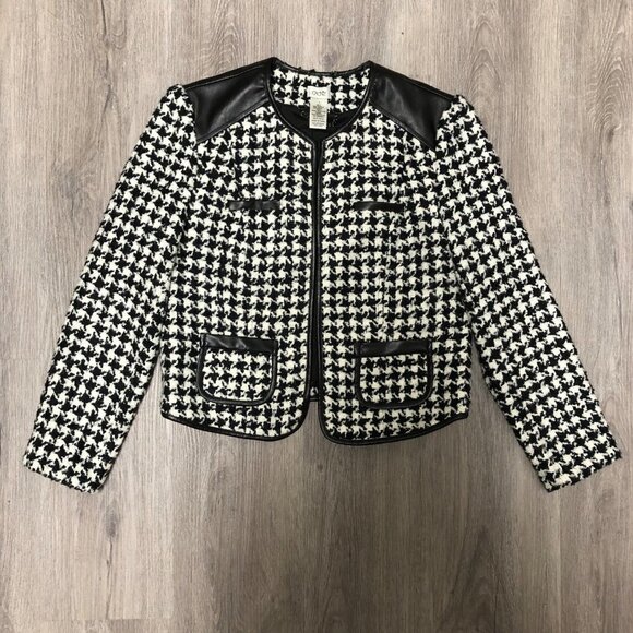 Cache Women's Size 2 Wool Blend Cropped Jacket Black White Houndstooth Blazer - Picture 1 of 9